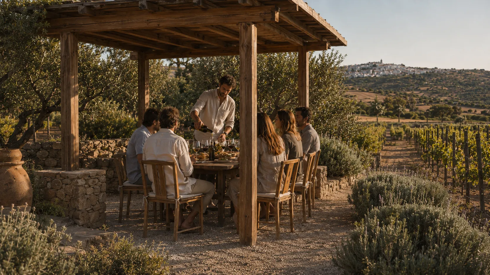 Cata de vino en el olivar y viñedo