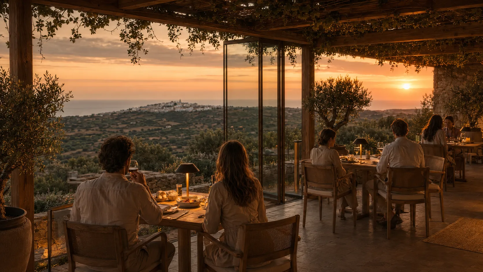 Cena en el restaurante al atardecer