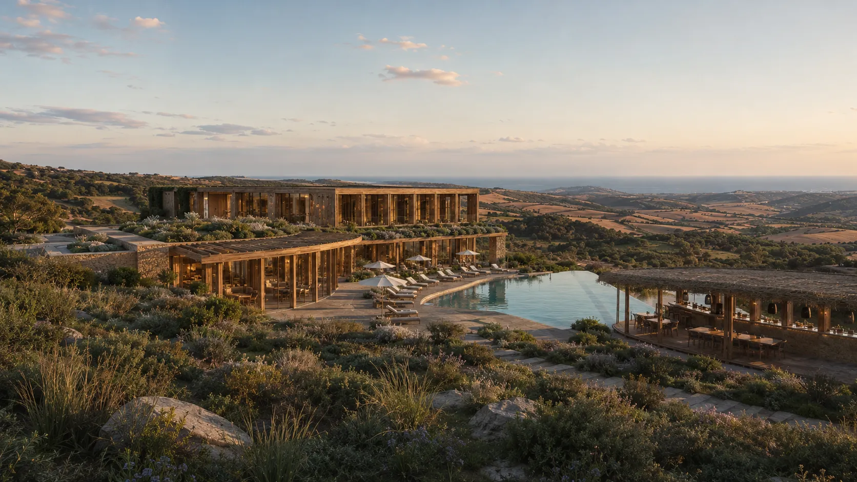 Edificio principal y piscina infinity al atardecer